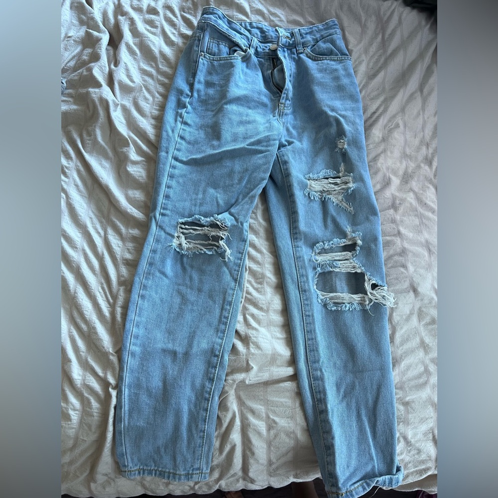 SHEIN Light Blue Distressed Boyfriend Jeans